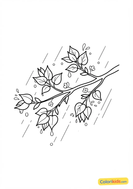 Coloriage à imprimer : douce pluie printanière sur les jeunes feuilles