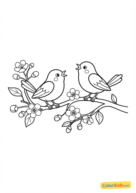 Coloriage à imprimer : petits oiseaux chantant sur une branche fleurie