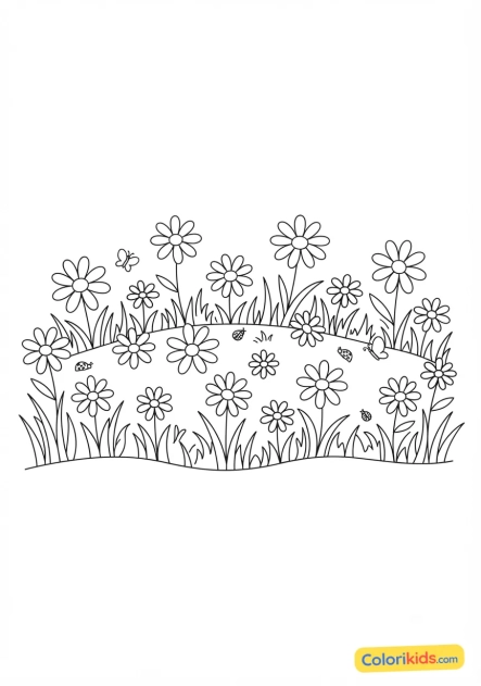 Coloriage à imprimer : prairie verdoyante parsemée de marguerites