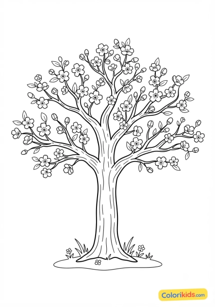 Coloriage à imprimer : magnifique cerisier en fleurs au printemps