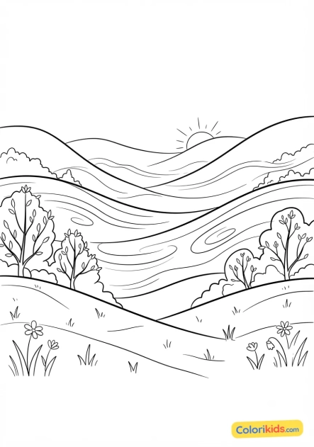 Printable coloring page: morning mist rising over the valley