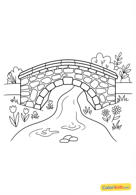 Coloriage à imprimer : pont de pierre enjambant un ruisseau printanier