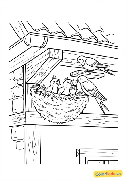 Coloriage à imprimer : nid d'hirondelles sous un toit de ferme