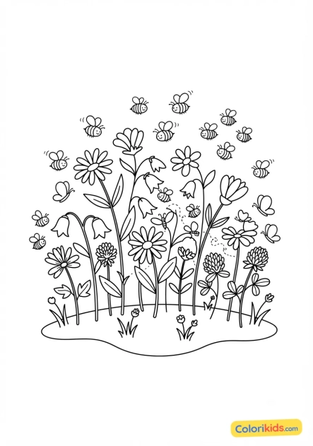 Coloriage à imprimer : essaim d'abeilles butinant des fleurs sauvages