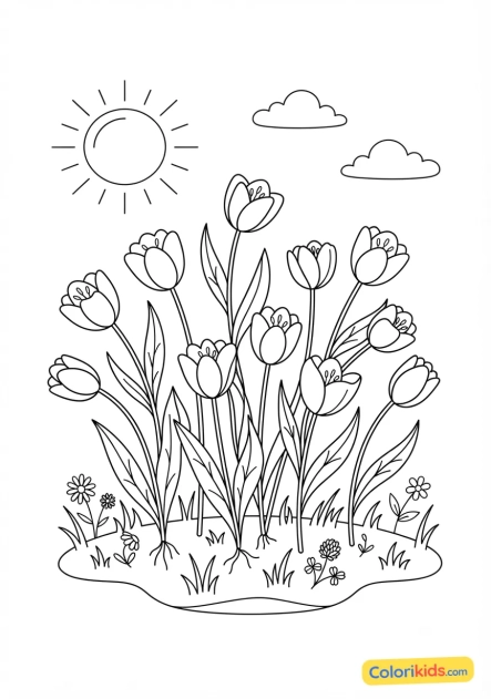 Coloriage à imprimer : tulipes sauvages dans une prairie ensoleillée