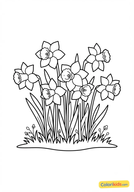 Coloriage à imprimer : jonquilles jaunes dans l'herbe fraîche
