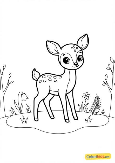 Coloriage à imprimer : jeune faon dans la forêt verdoyante