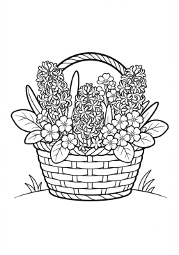 Voir le coloriage Panier de primevères et de jacinthes colorées