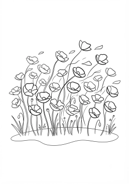 Voir le coloriage Champ de coquelicots rouges vifs au vent