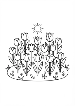 Voir le coloriage Jardin fleuri de tulipes multicolores