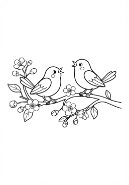 Voir le coloriage Petits oiseaux chantant sur une branche fleurie