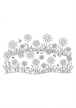 Voir le coloriage Prairie verdoyante parsemée de marguerites