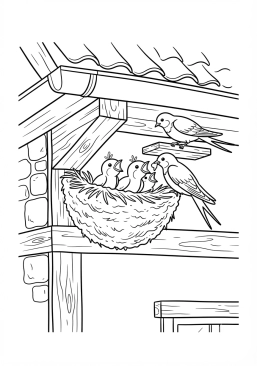 Voir le coloriage Nid d'hirondelles sous un toit de ferme