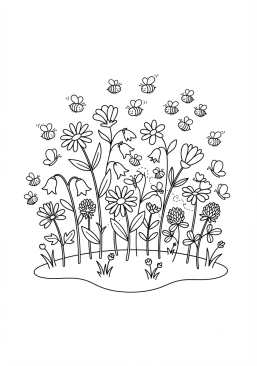 Voir le coloriage Essaim d'abeilles butinant des fleurs sauvages
