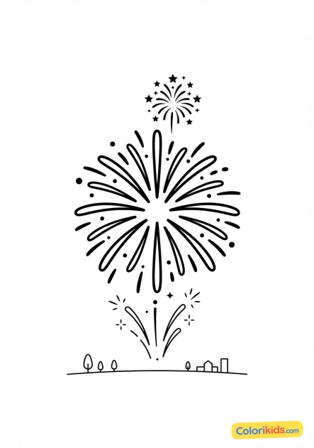 Coloriage à imprimer : feu d'artifice éclatant dans le ciel nocturne d'été