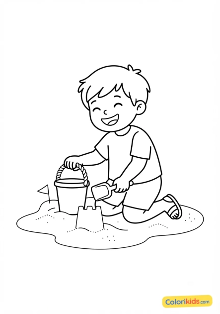 Coloriage à imprimer : enfant jouant joyeusement avec un seau et une pelle