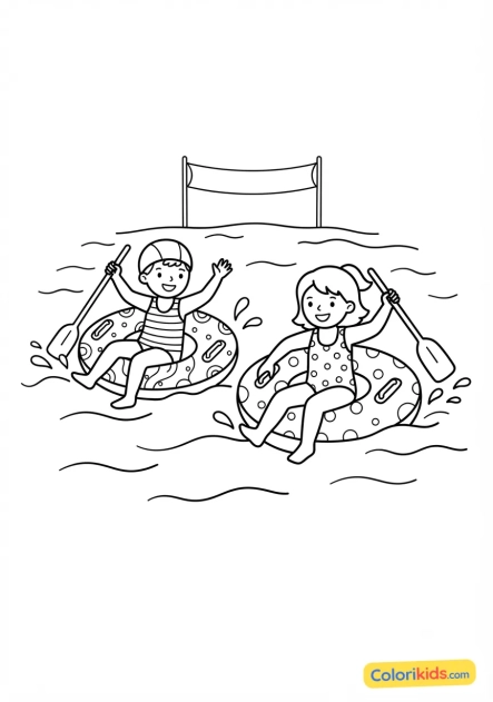 Coloriage à imprimer : enfants faisant la course avec des bouées