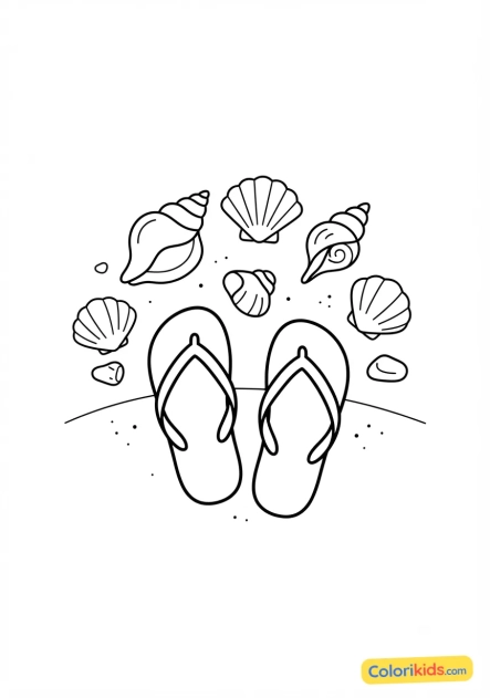 Coloriage à imprimer : tongs colorées et coquillages sur le sable