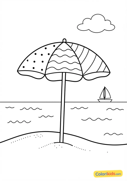 Coloriage à imprimer : parasol coloré planté face à la mer