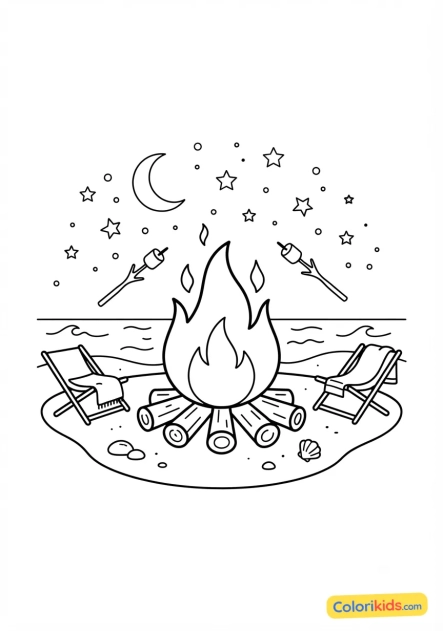 Coloriage à imprimer : feu de camp crépitant sur la plage la nuit