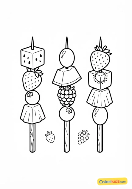Coloriage à imprimer : delicieuses brochettes de fruits d'été frais