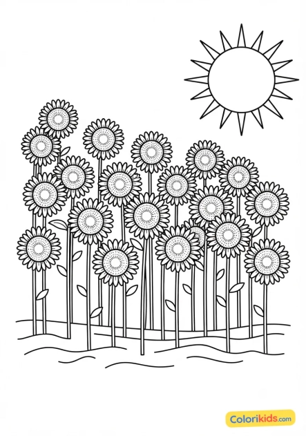 Coloriage à imprimer : champ de tournesols tournés vers le soleil
