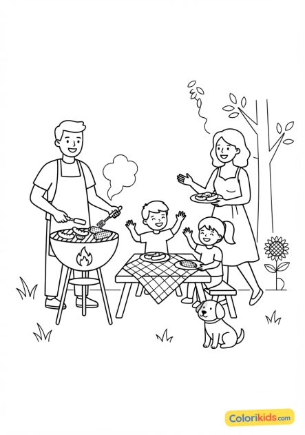 Coloriage à imprimer : barbecue convivial en famille dans le jardin