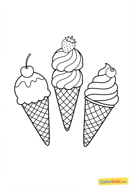 Coloriage à imprimer : glaces aux parfums fruités et cornet croustillant