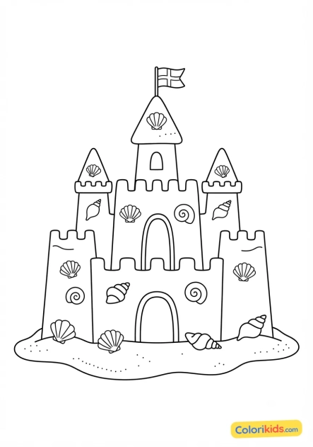 Printable coloring page: giant sandecastle decorated with seashells