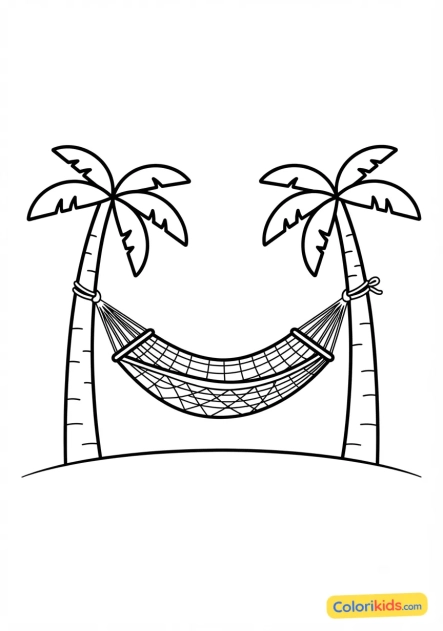 Coloriage à imprimer : hamac tendu entre deux palmiers tropicaux