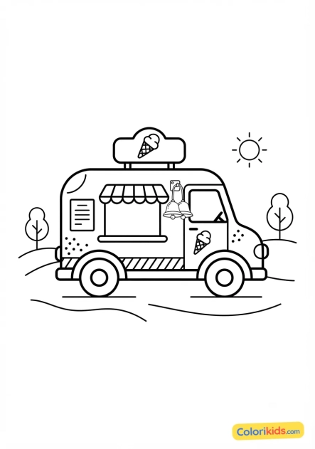 Coloriage à imprimer : camion de glaces ambulant avec ses clochettes