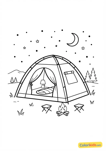Coloriage à imprimer : grande tente de camping sous un ciel étoilé