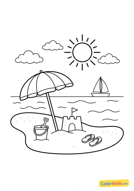 Coloriage à imprimer : magnifique plage de sable fin sous un soleil éclatant