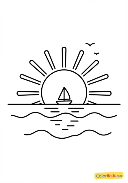 Coloriage à imprimer : magnifique coucher de soleil doré sur l'océan