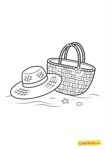 Coloriage à imprimer : chapeau de paille et sac de plage en osier