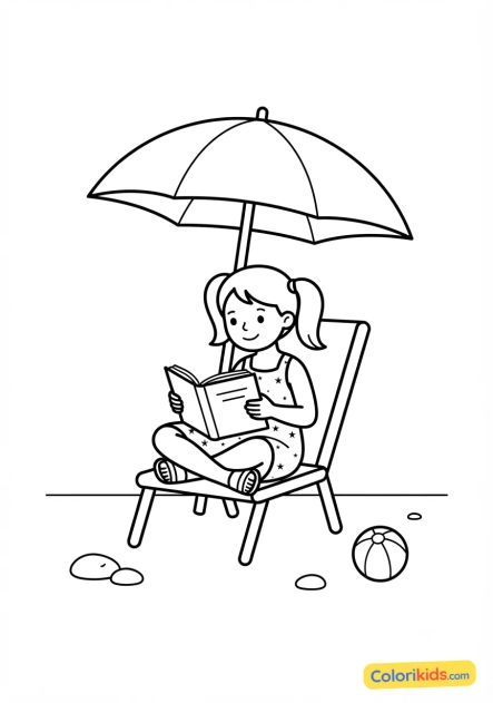 Coloriage à imprimer : jeune fille lisant un livre à l'ombre d'un parasol