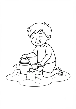 Voir le coloriage Enfant jouant joyeusement avec un seau et une pelle