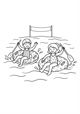 Voir le coloriage Enfants faisant la course avec des bouées