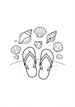 Voir le coloriage Tongs colorées et coquillages sur le sable