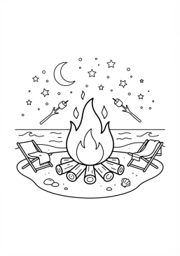 Voir le coloriage Feu de camp crépitant sur la plage la nuit