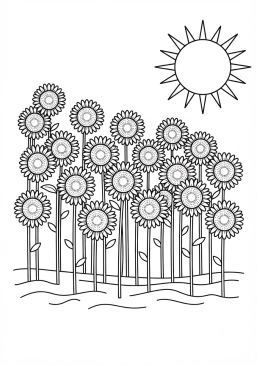 Voir le coloriage Champ de tournesols tournés vers le soleil