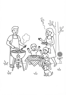 Voir le coloriage Barbecue convivial en famille dans le jardin