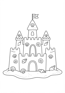 Voir le coloriage Château de sable géant décoré de coquillages