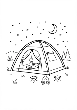 Voir le coloriage Grande tente de camping sous un ciel étoilé