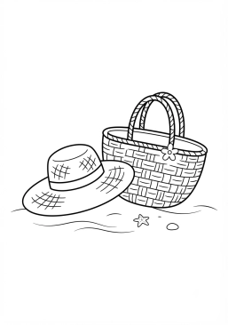 Voir le coloriage Chapeau de paille et sac de plage en osier
