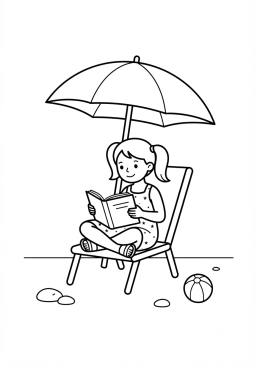 Voir le coloriage Jeune fille lisant un livre à l'ombre d'un parasol