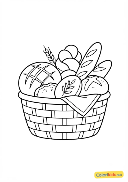 Ausmalbild zum Ausdrucken: korb mit handgemachtem Brot