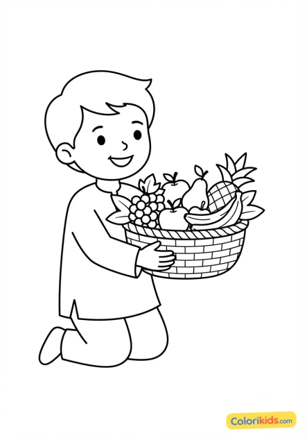 Ausmalbild zum Ausdrucken: kind bietet einen Obstkorb an