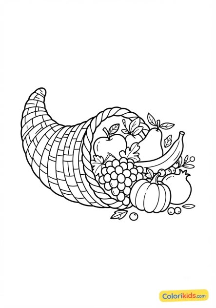 Desenho para colorir para imprimir: cornucopia cheia de frutas
