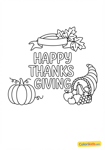 Ausmalbild zum Ausdrucken: dekoriertes Happy Thanksgiving-Schild